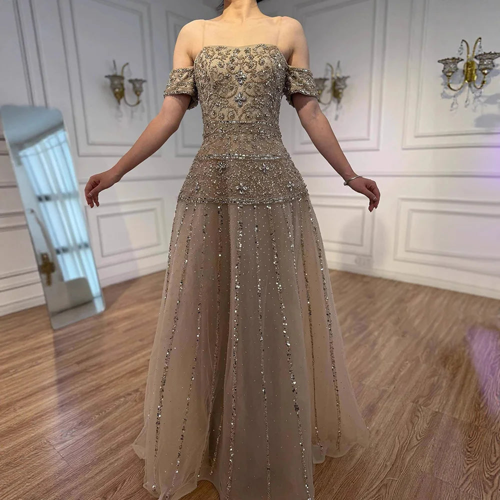 Luxury Caramel Off The Shoulder A-Line Beaded Evening Dress LA72709