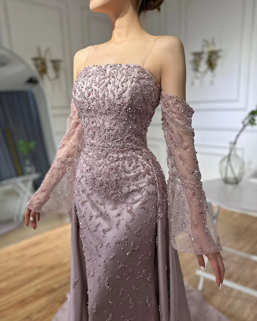 Dubai Luxury Blue Beaded Pearls Evening Gown with Overskirt LA72705