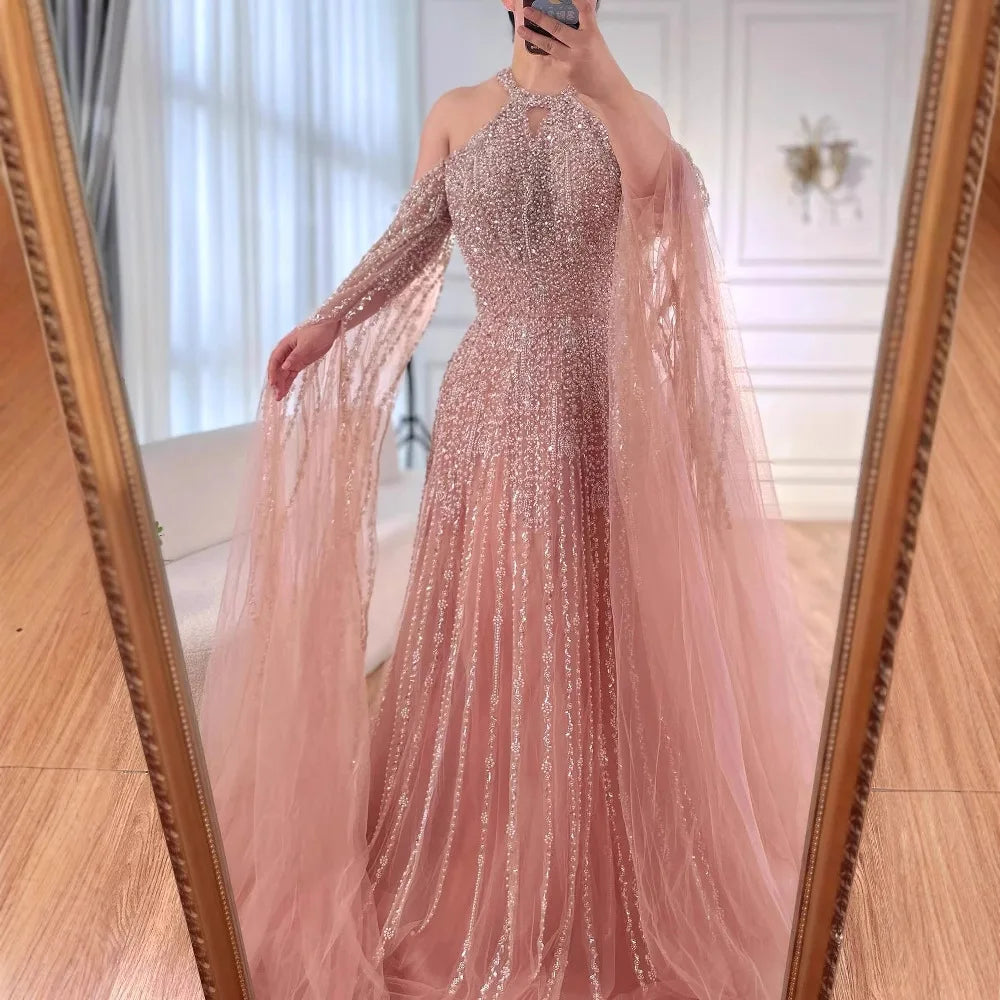 Luxury Turquoise Beaded A Line Evening Dress with Cape Sleeves LA72820