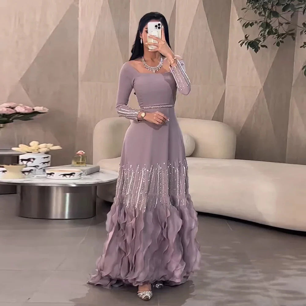 Luxury Lilac Ruffles Dubai Evening Dress Saudi Wedding Party LA72952