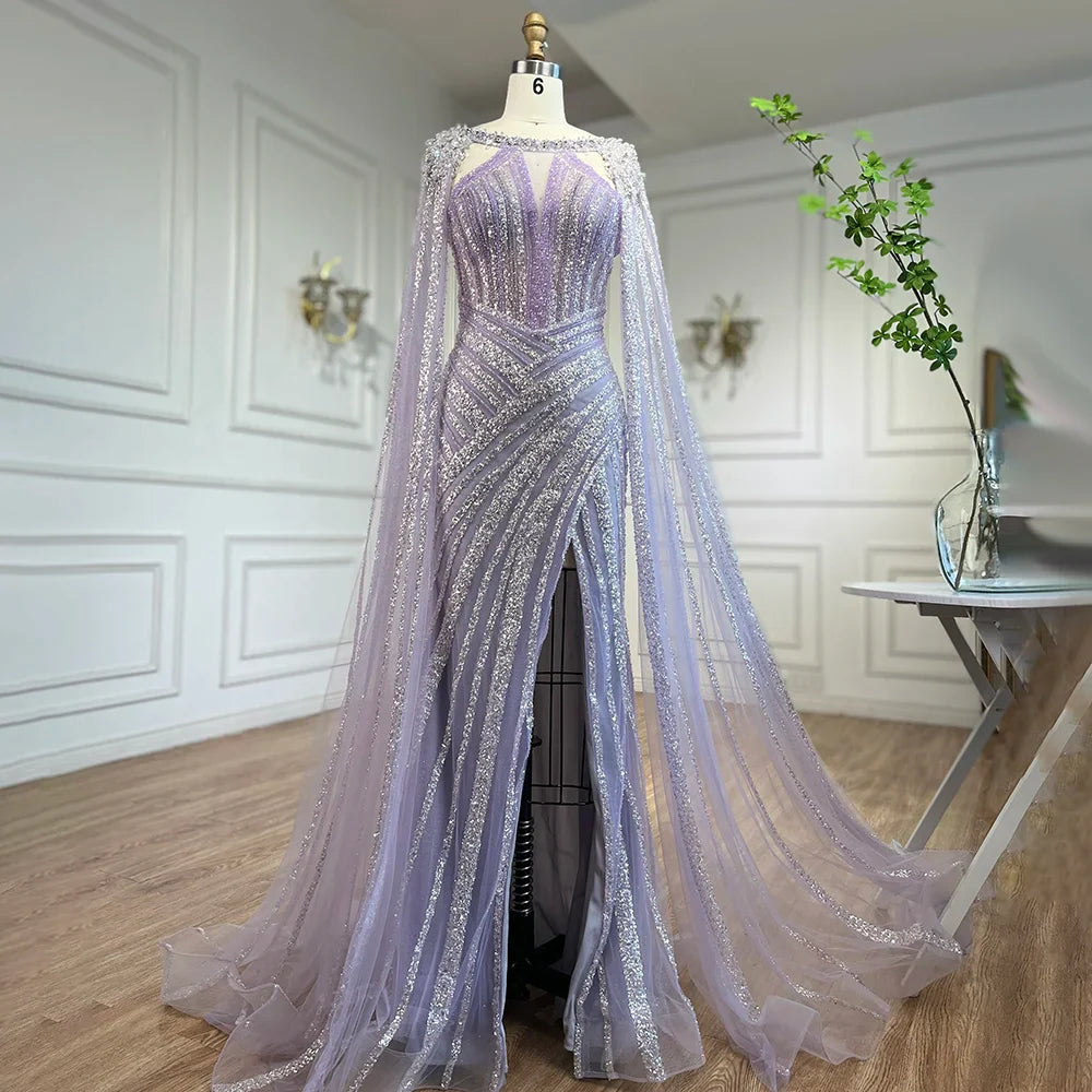 Luxury Crystal Yellow Evening Dress with Cape Sleeves LA72085