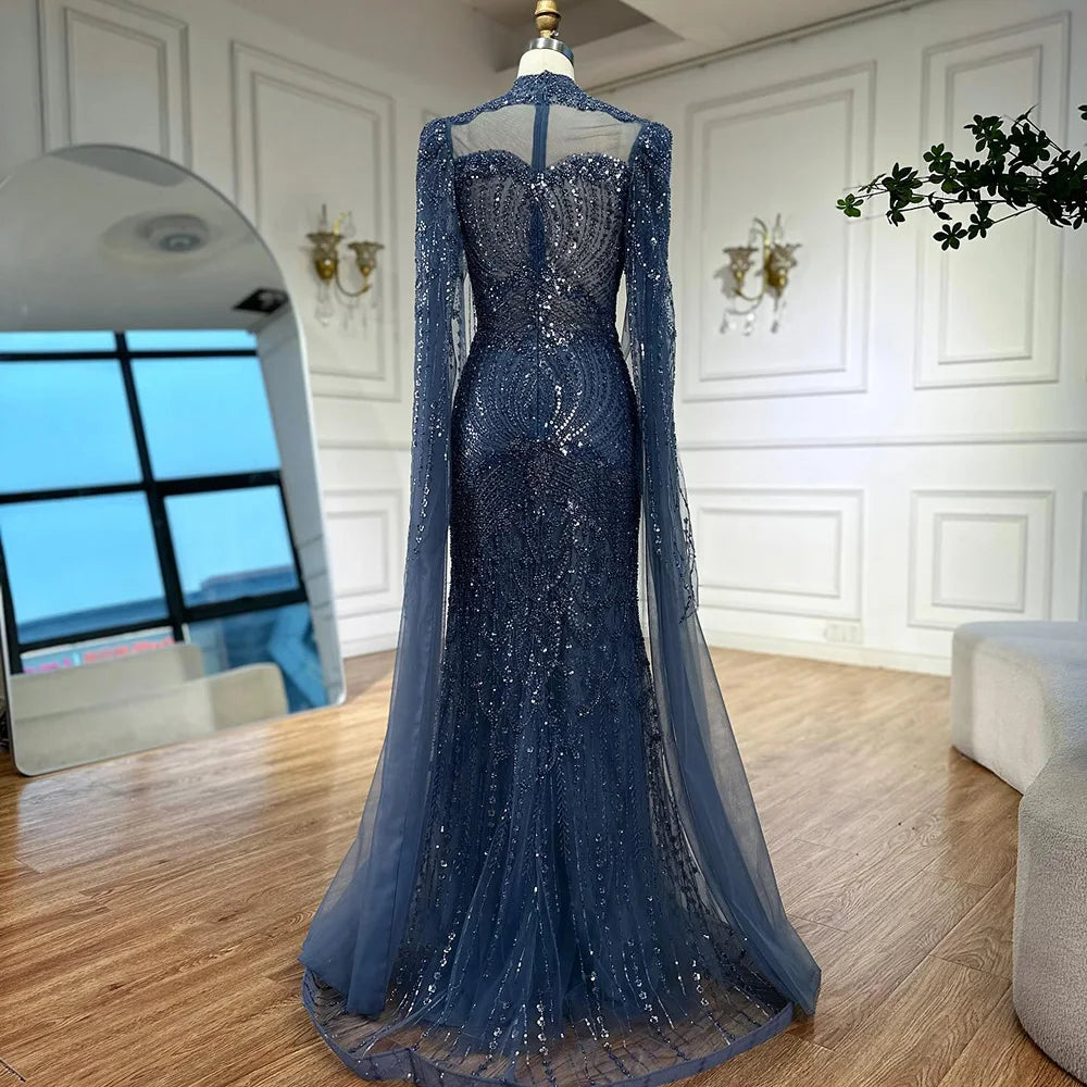 Modest Blue Mermaid Evening Dress with Cape LA73006