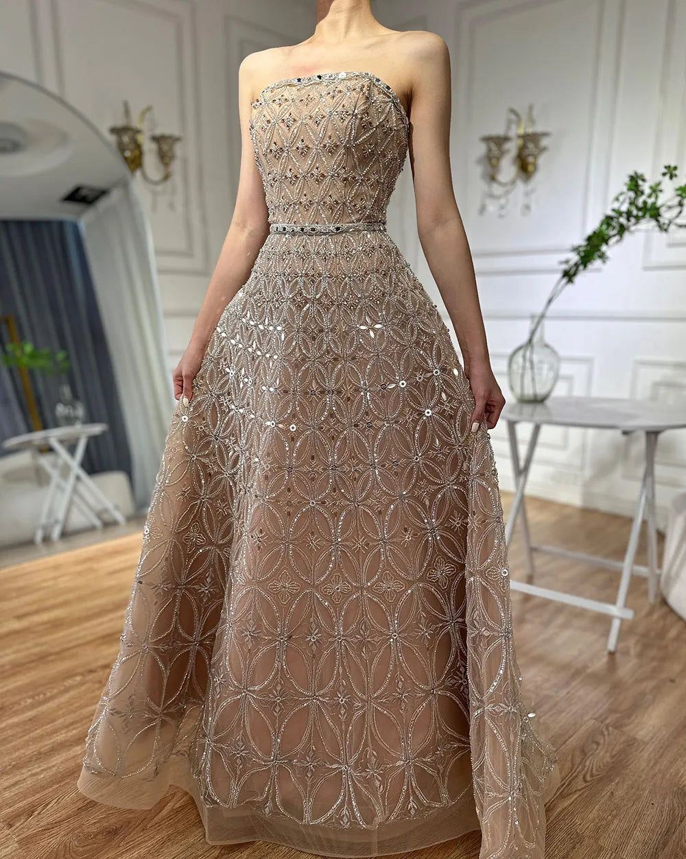 Luxury Dubai Arabic Gray A Line Elegant Beaded Long Evening Dresses Gowns for Formal Occasion LA72755