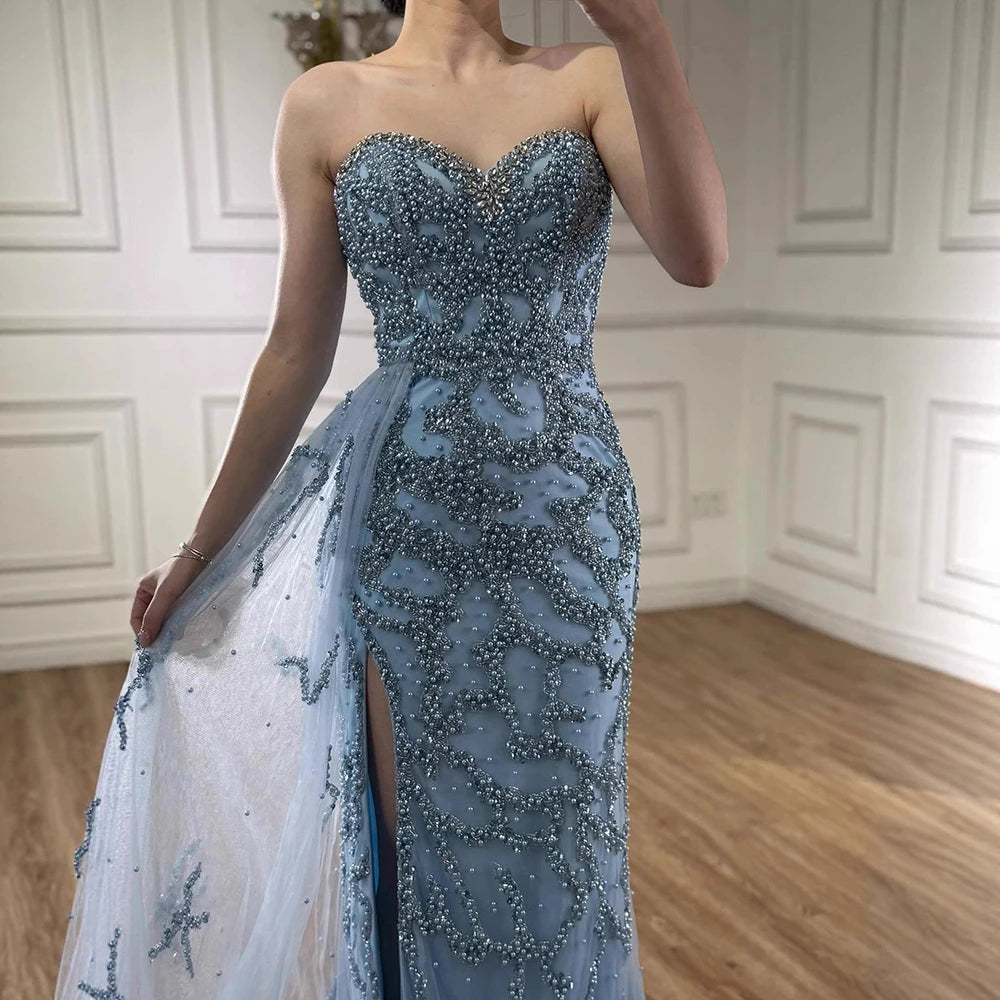 Luxury Dubai Saudi Arabic Blue Beaded Evening Gown Formal Slit LA72877