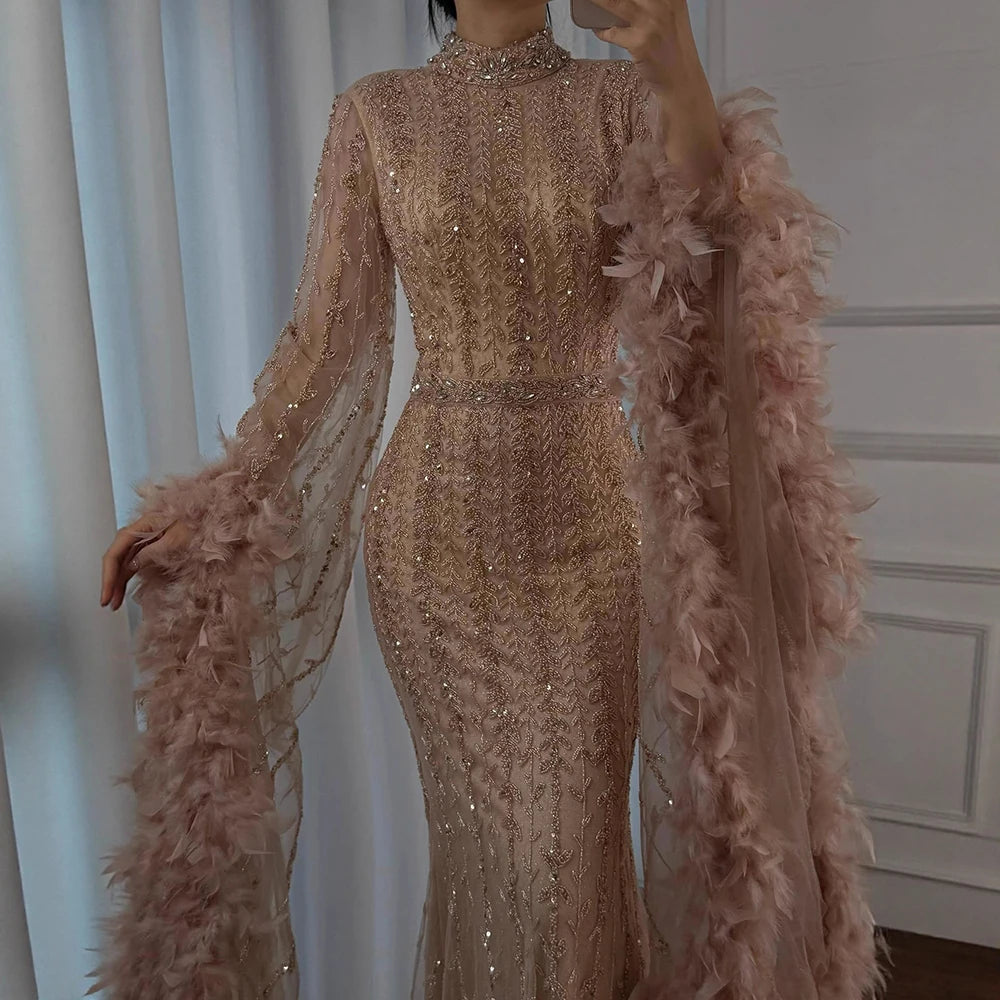 Elegant Rose Gold Evening Dress Featuring Feathered Cape Sleeves LA72947