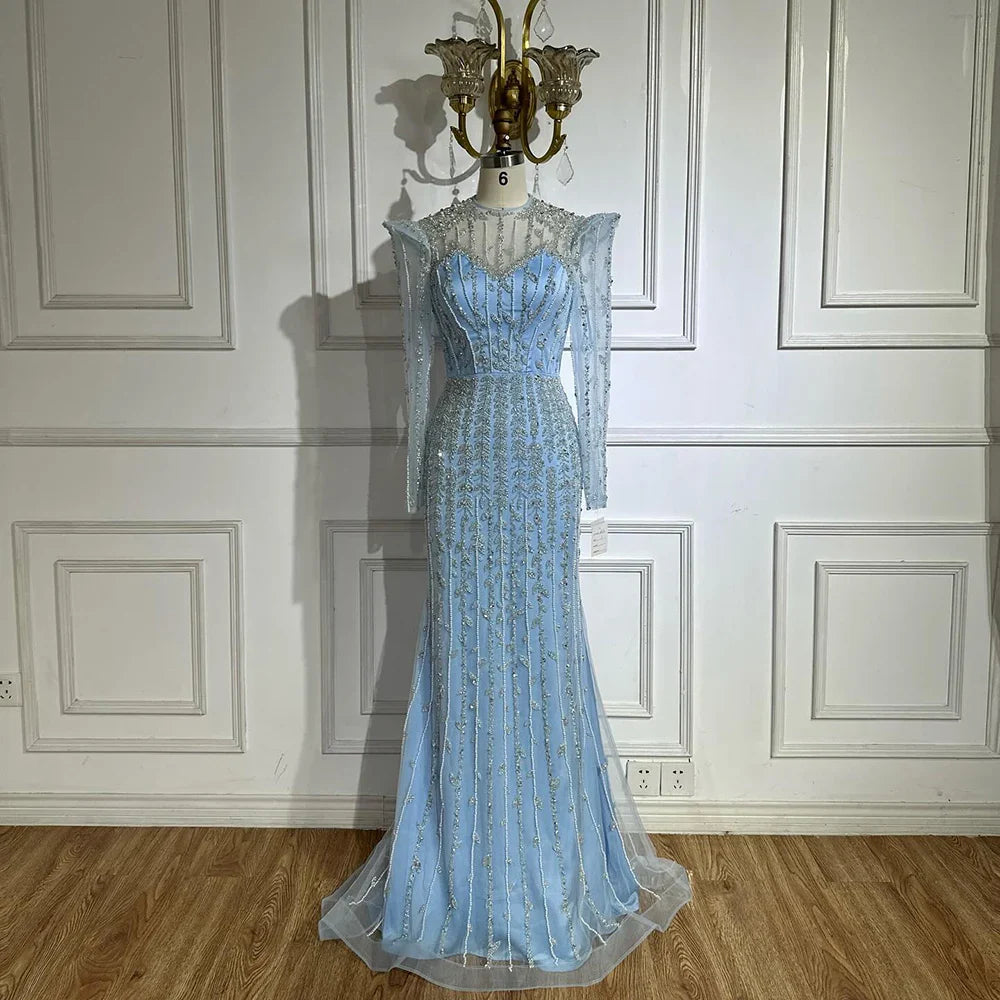Luxury Dubai Pink Elegant Pearls Beaded Mermaid Evening Dress LA72826