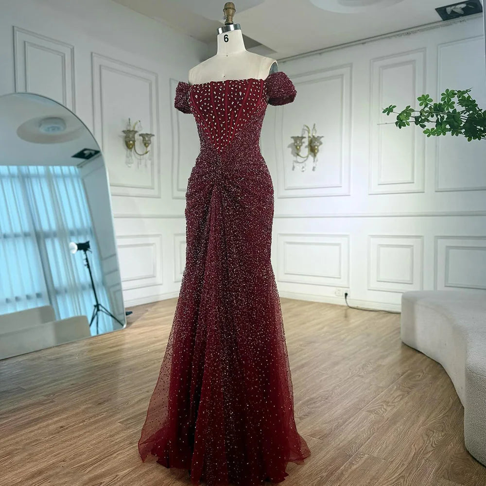 Luxury Designer Beaded Silver Nude Mermaid Evening Dress LA72905