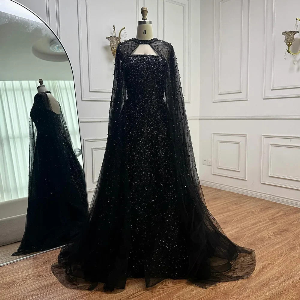 Luxury Arabic Blue A-Line Evening Dress with Cape Sleeves Plus Size LA72659