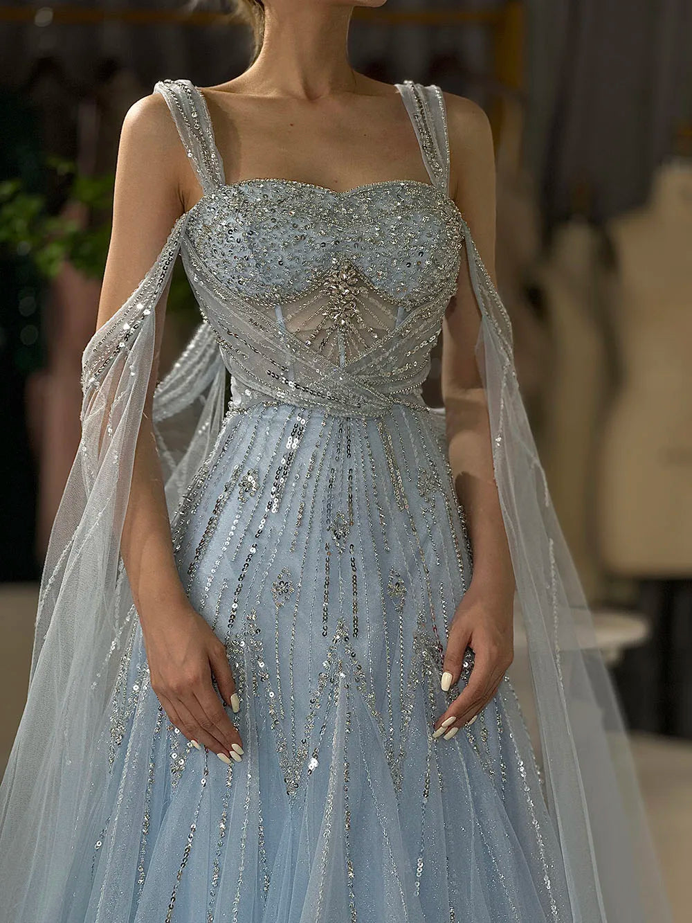 Luxury Dubai pink Beaded Spaghetti Strap Design A-Line Evening Dresses Gowns with Cape Sleeves for Formal Occasion LA72726