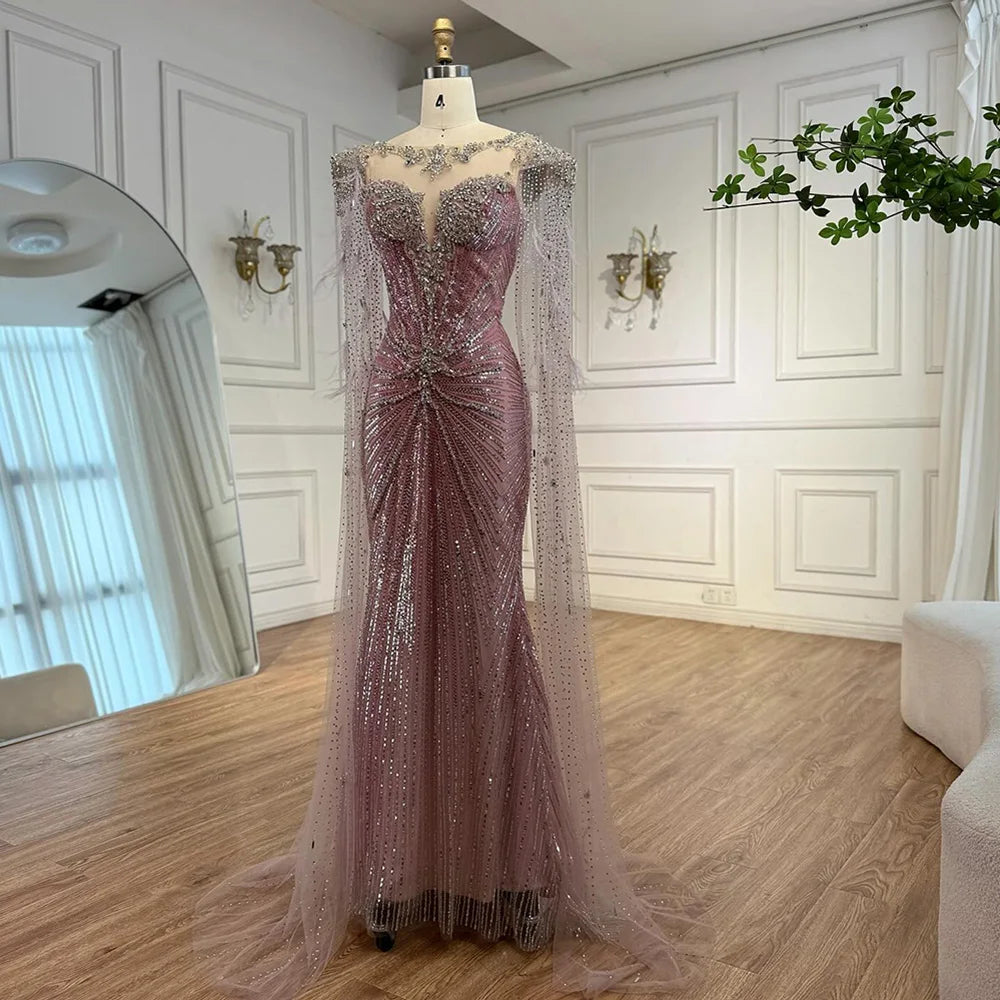 Luxury Pink Beaded Mermaid Evening Dress with Cape LA73106