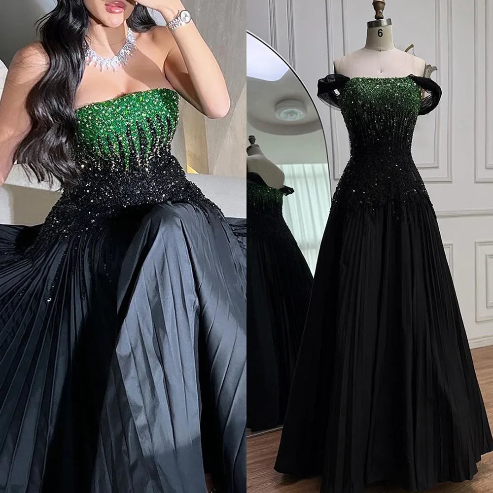 Luxury Beaded Black Green Off Shoulder Dubai Evening Dress for Party LA72406