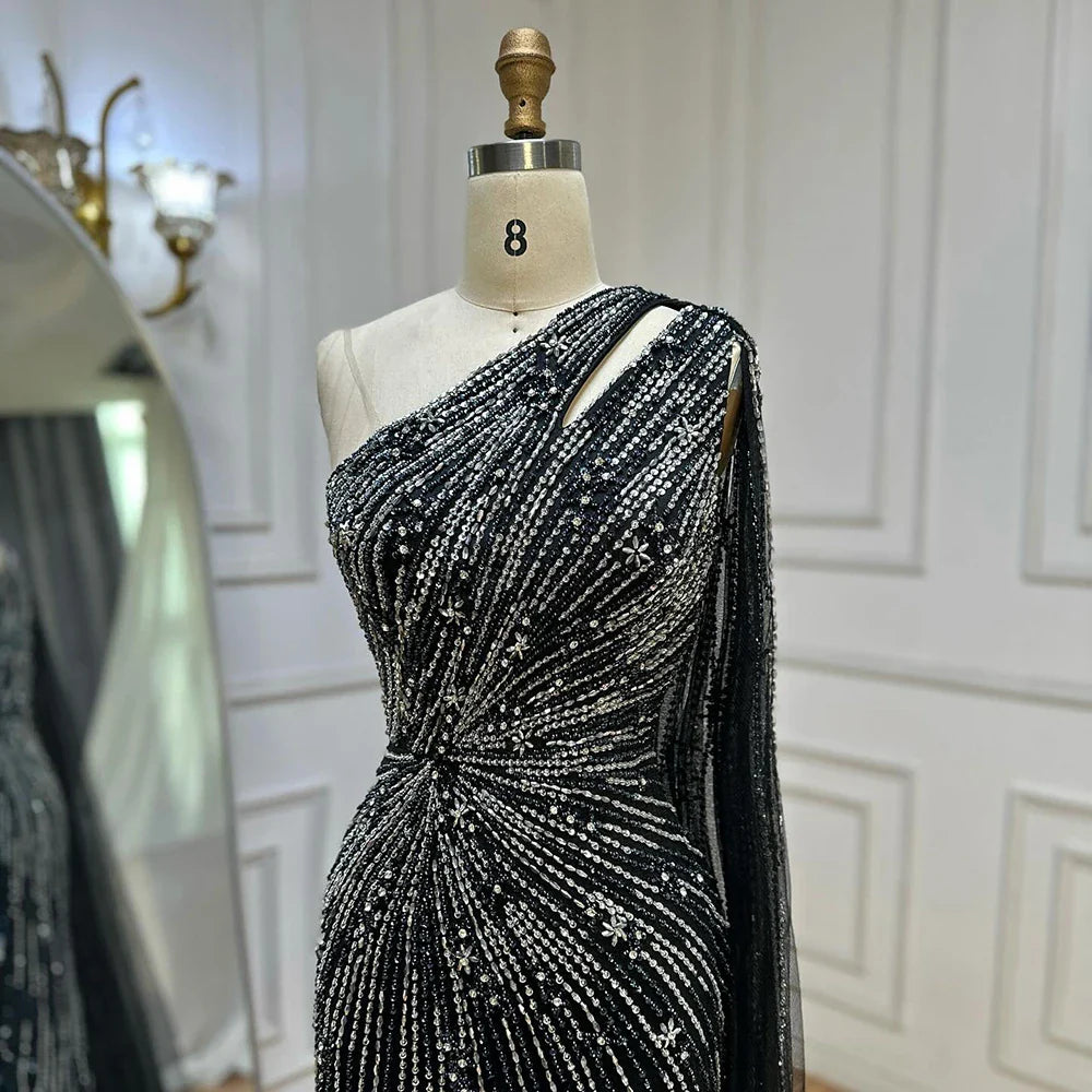 Luxury Black One Shoulder Mermaid Evening Dress with High Slit LA72829