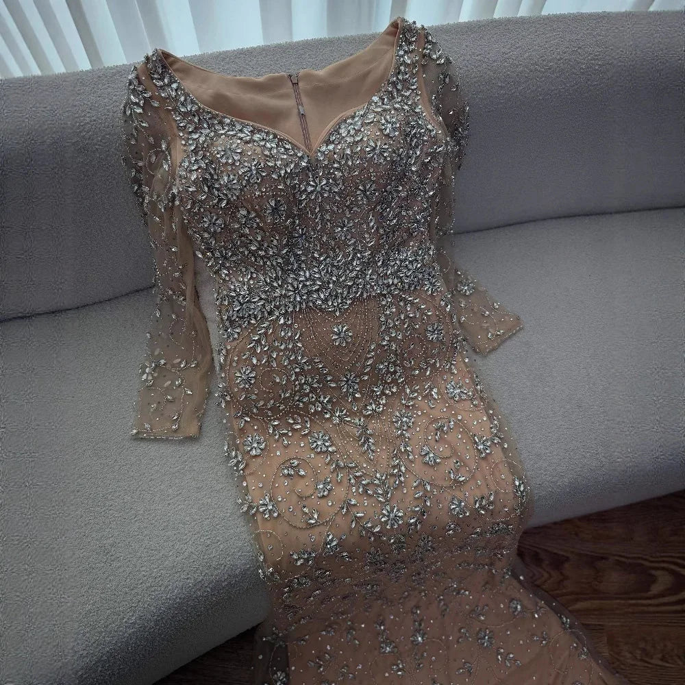 Luxury Nude Beaded Crystal Evening Dress with Long Sleeves LA73042