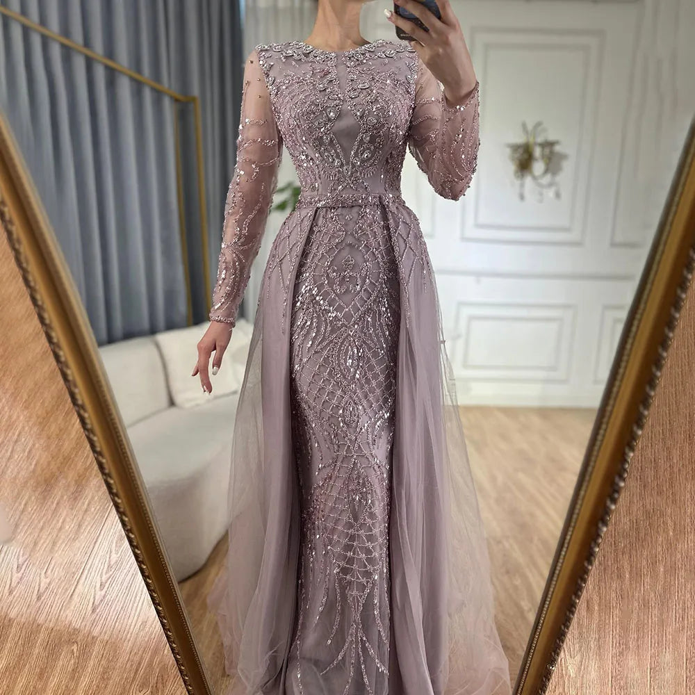 Serene Hill Muslim Silver Nude Mermaid Gown with Detachable Overskirt Beaded Evening Dress for Women Wedding Party LA71919