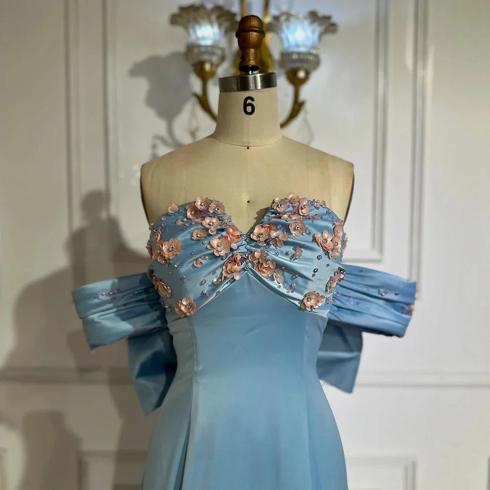 Luxury Dubai Arabic Blue Beaded A-Line Saudi Evening Gown for Formal Occasion LA72792