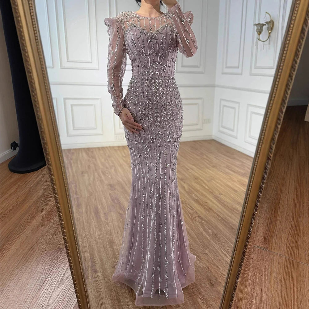 Luxury Dubai Pink Elegant Pearls Beaded Mermaid Evening Dress LA72826
