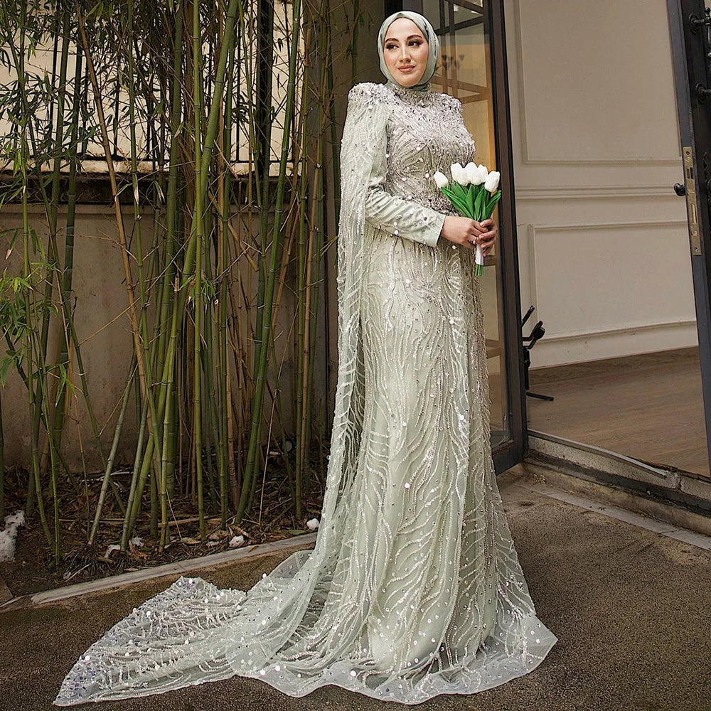 Luxury Silver High Neck Long Sleeve Evening Dress for Formal LA73116