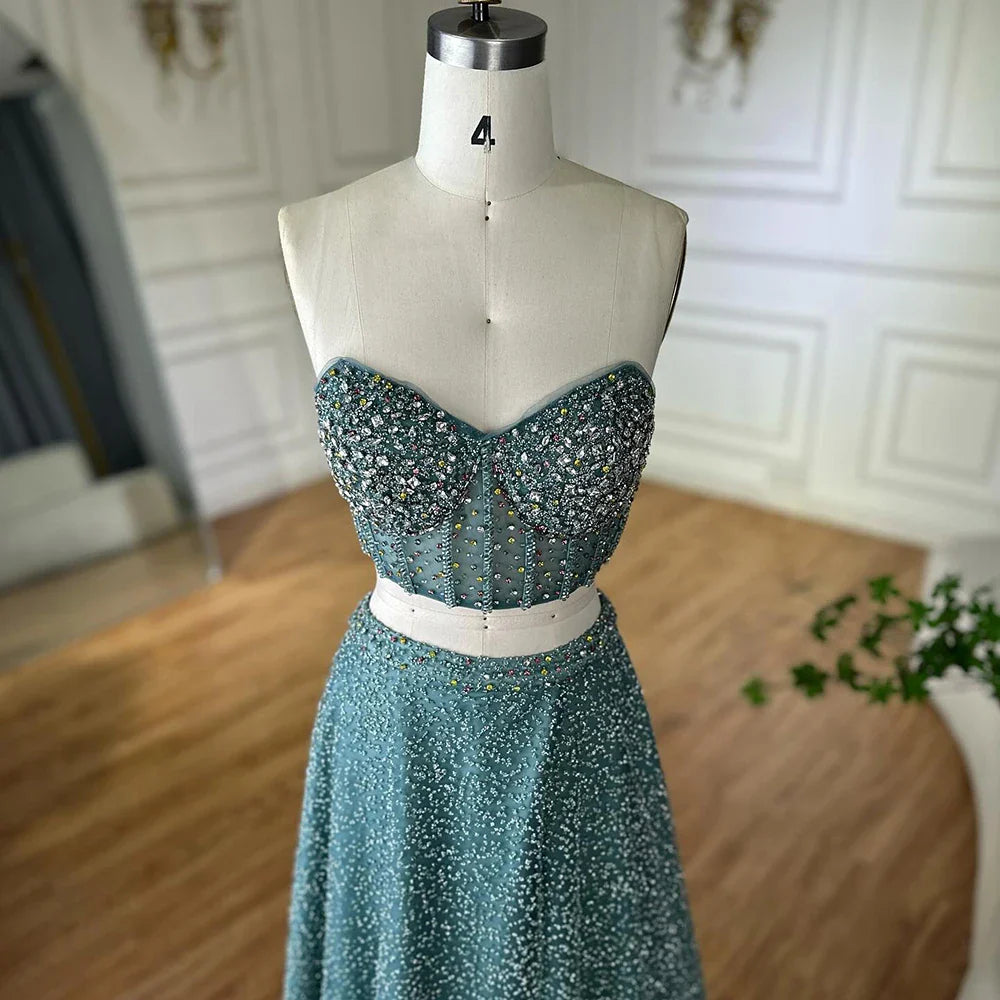 Luxury Dubai Customize Saudi Turquoise Two-Piece Evening Dress with High Split for Formal Occasion LA72786