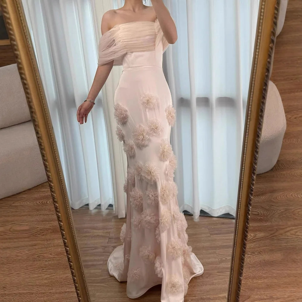 Elegant pink 3D flower off-shoulder evening dress LA72943