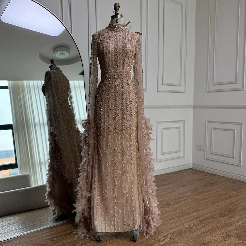 Elegant Rose Gold Evening Dress Featuring Feathered Cape Sleeves LA72947