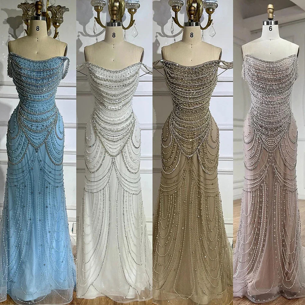 Luxury Crystal Silver Gray Pearl Beaded Evening Dress LA72253