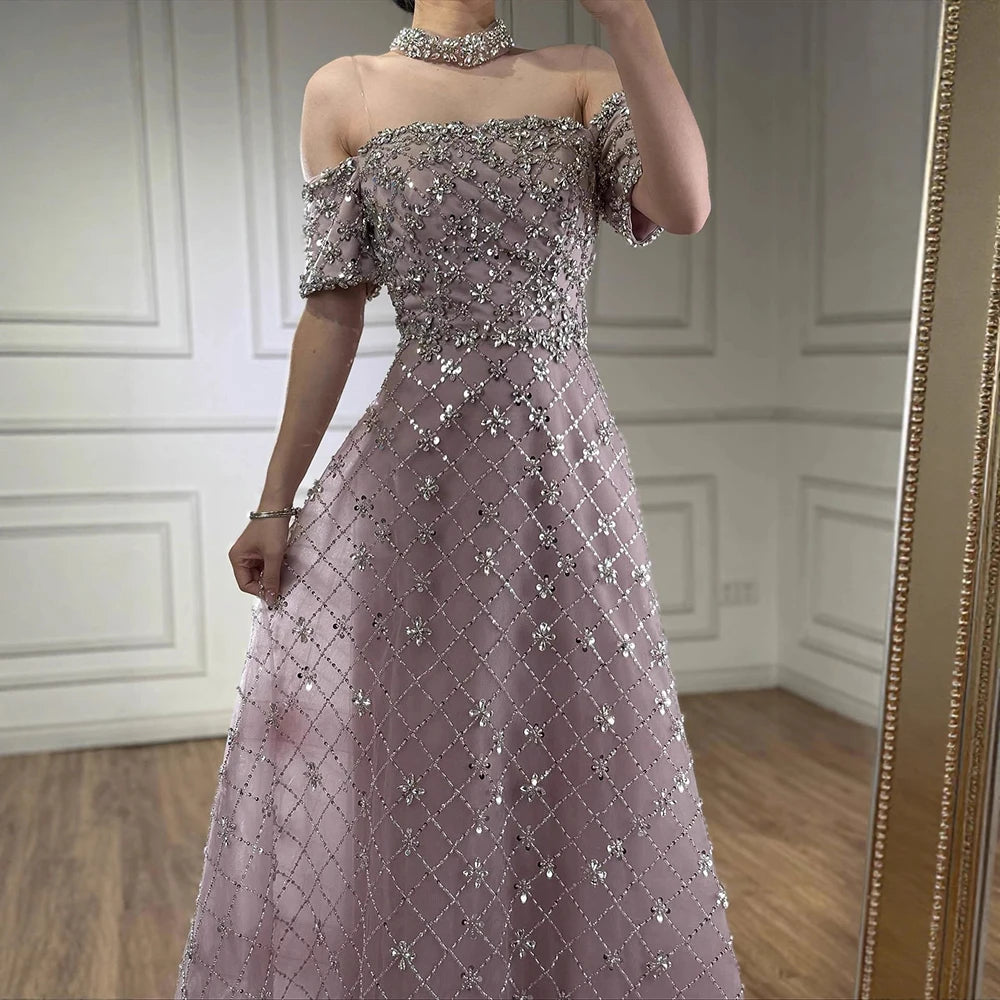 Luxury Nude Sliver Off Shoulder Beaded Crystal A-Line Evening Dress LA73122