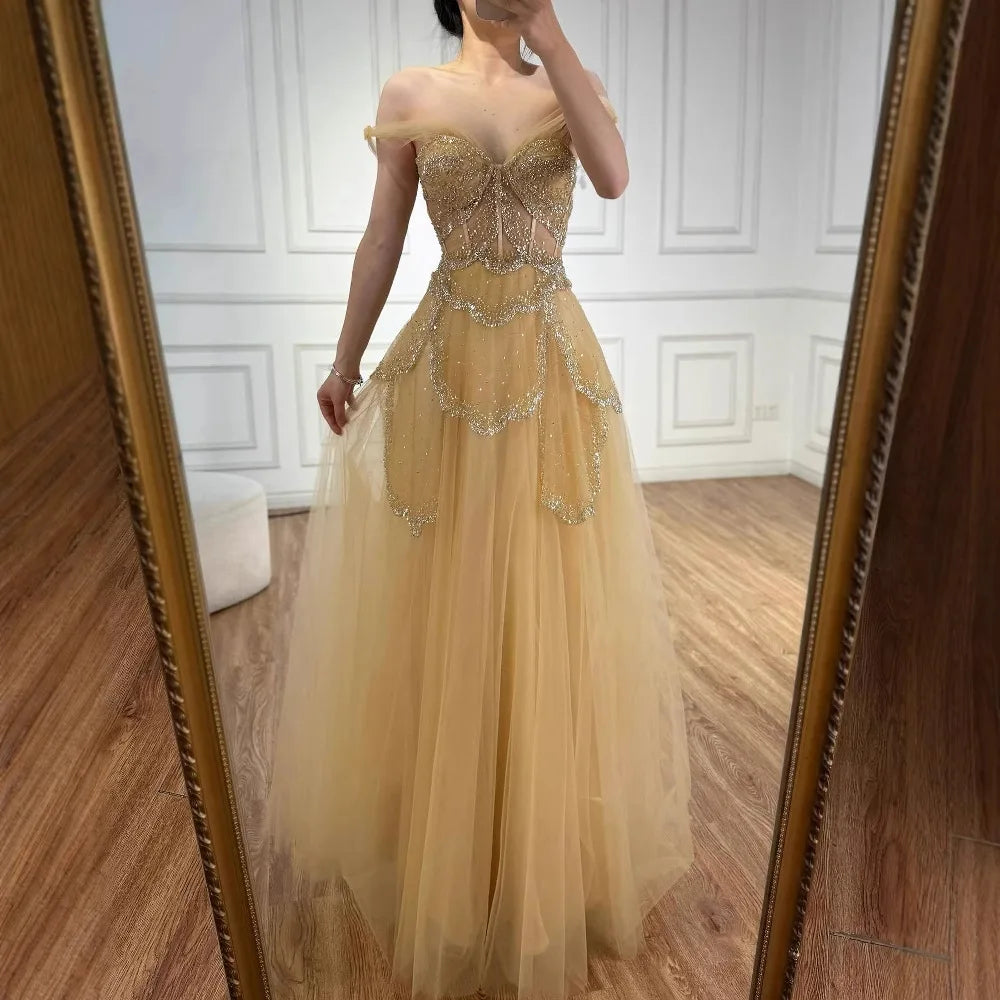 Luxury Sage Green Beaded A-Line Off-Shoulder Evening Dress LA72605