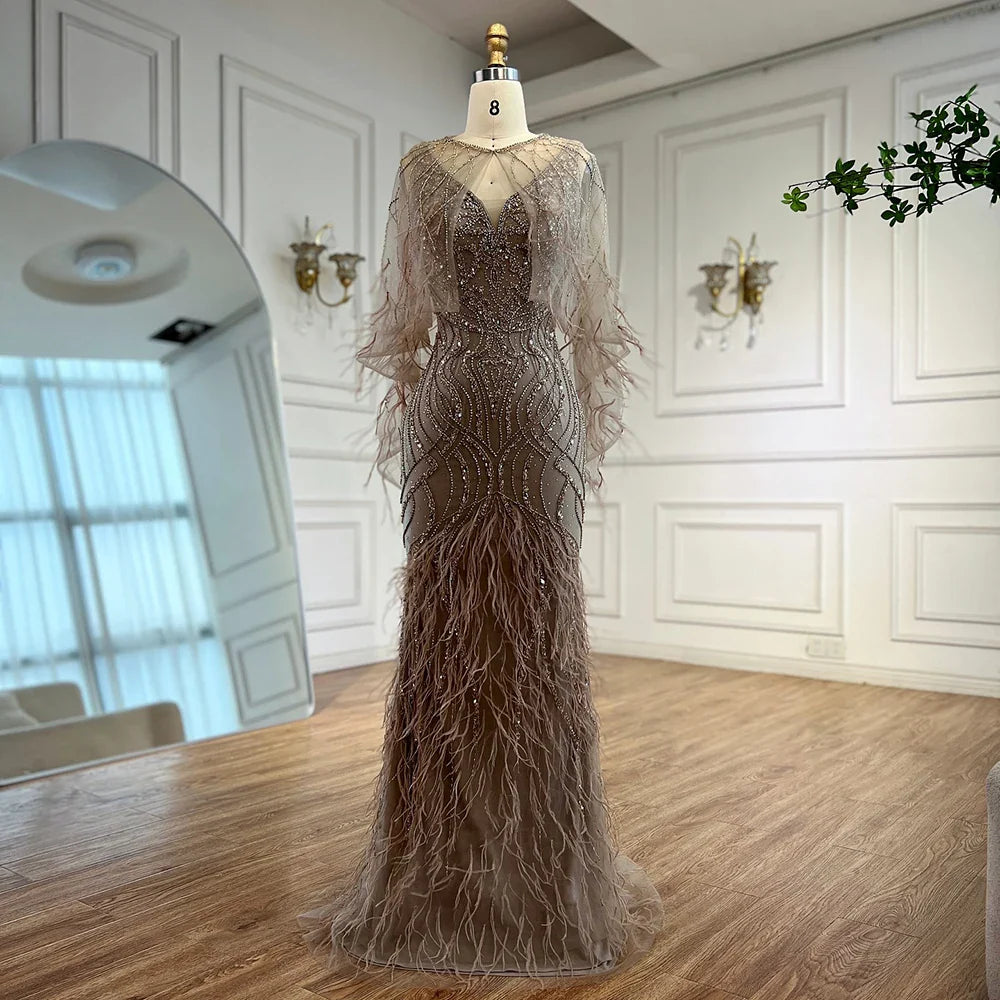Luxury Caramel Feather Beaded Mermaid Evening Dress LA71866