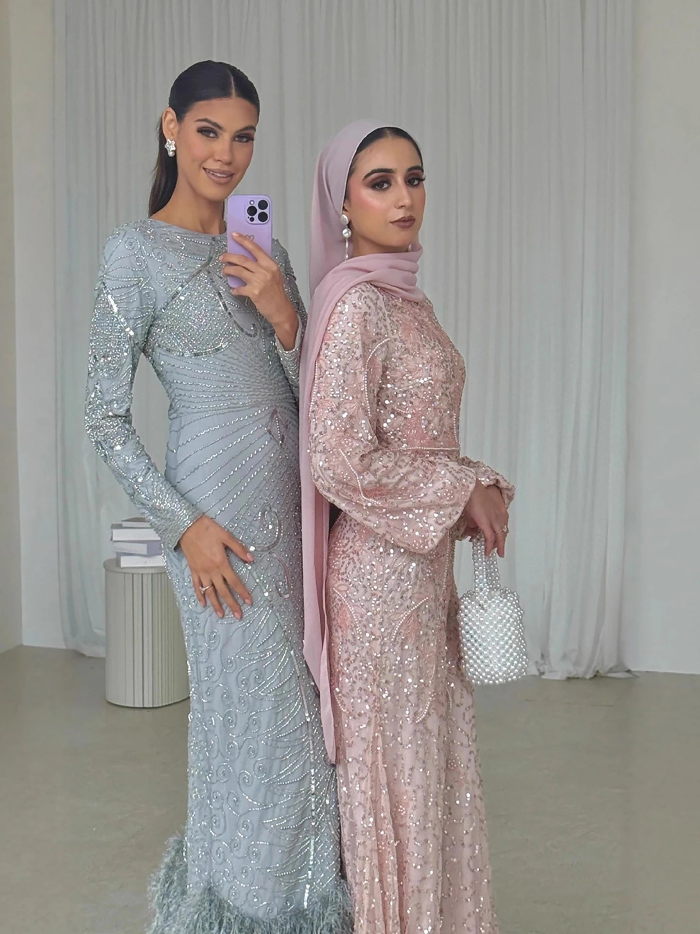 Luxury Pink Pearls Beaded Muslim Mermaid Evening Dress LA73417