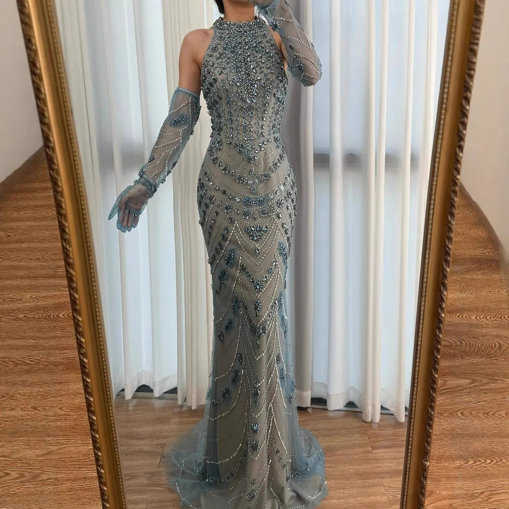 Luxury Dubai Arabic Blue Beaded Evening Dress with Gloves LA72760A