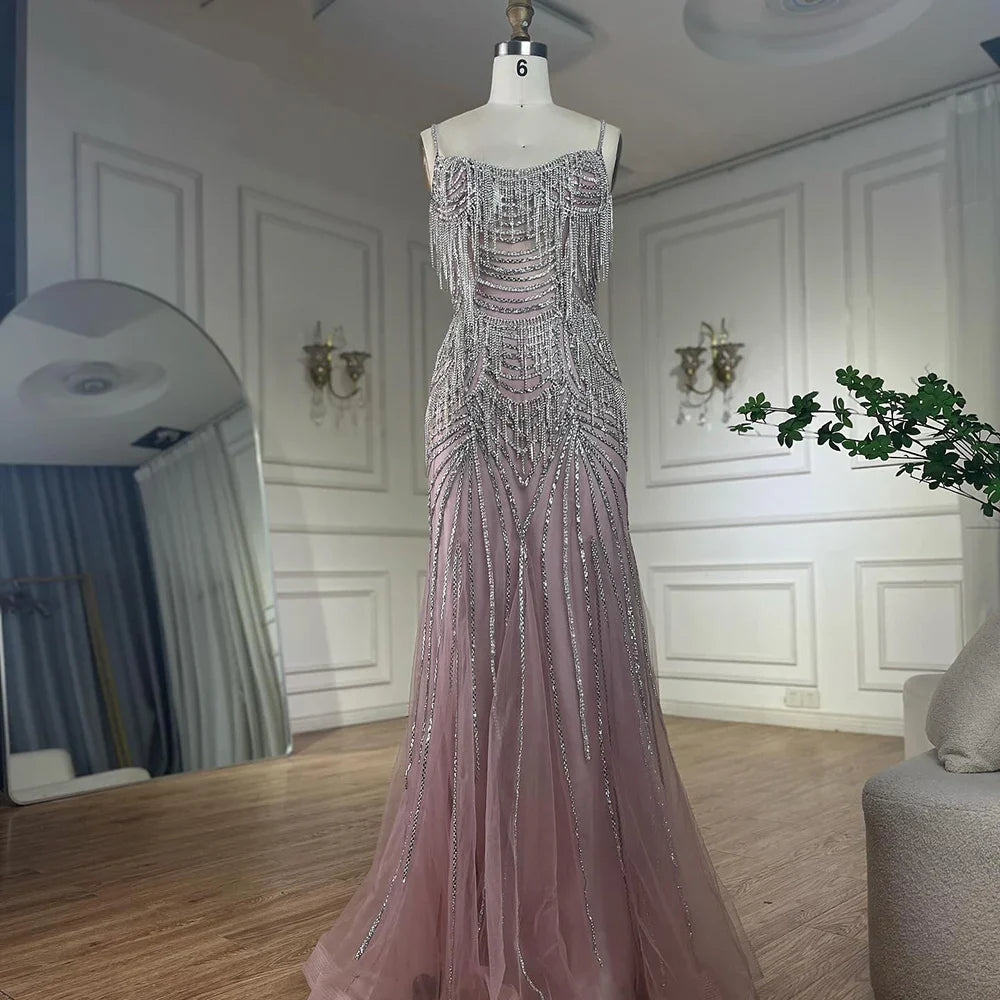 Luxury Dubai Silver Nude Spaghetti Strap Mermaid Evening Dress Gown with Luxury Beaded Tassels for Formal Occasion LA72772