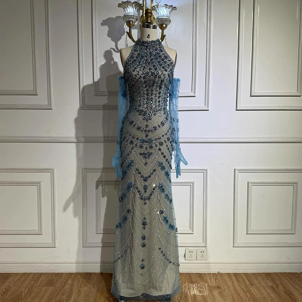 Luxury Dubai Arabic Blue Beaded Evening Dress with Gloves LA72760A