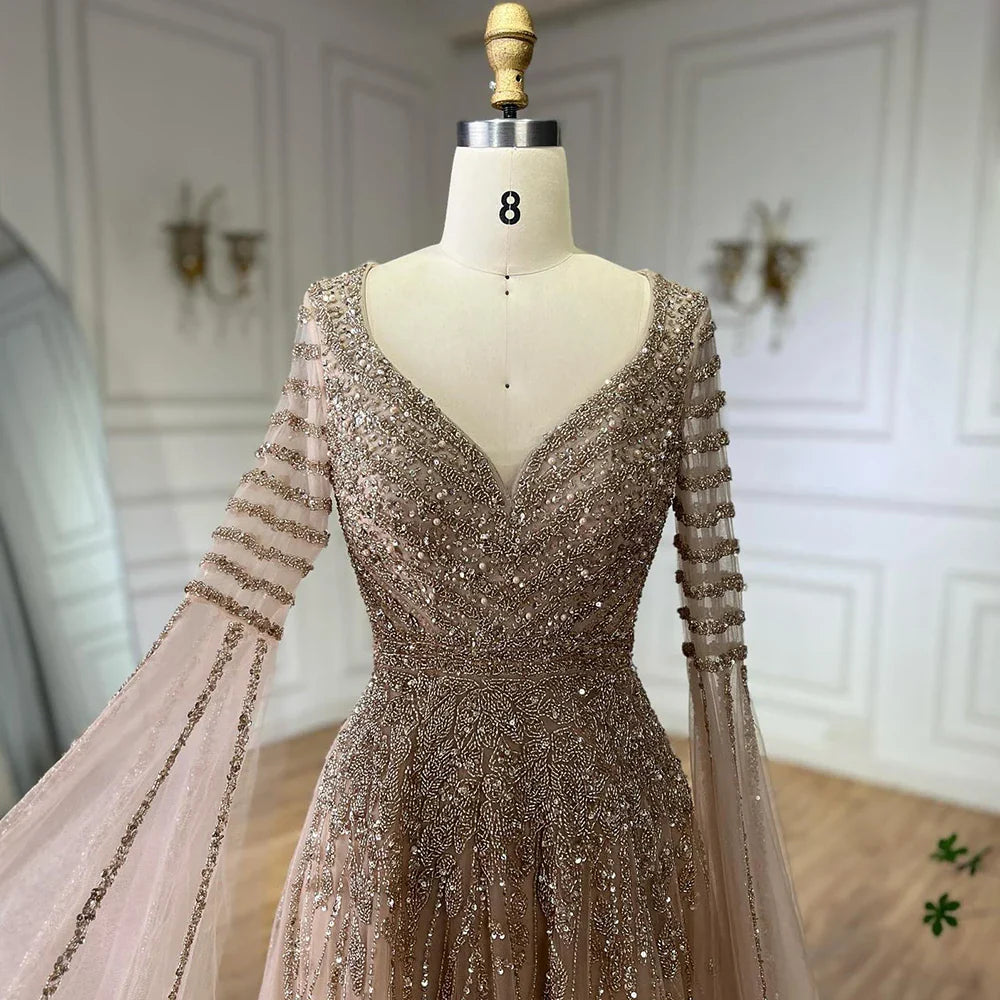 Luxury Dubai Arabic Caramel Elegant A-Line Beaded Long Evening Dresses Gowns with Cape Sleeves for Formal Occasion LA72750