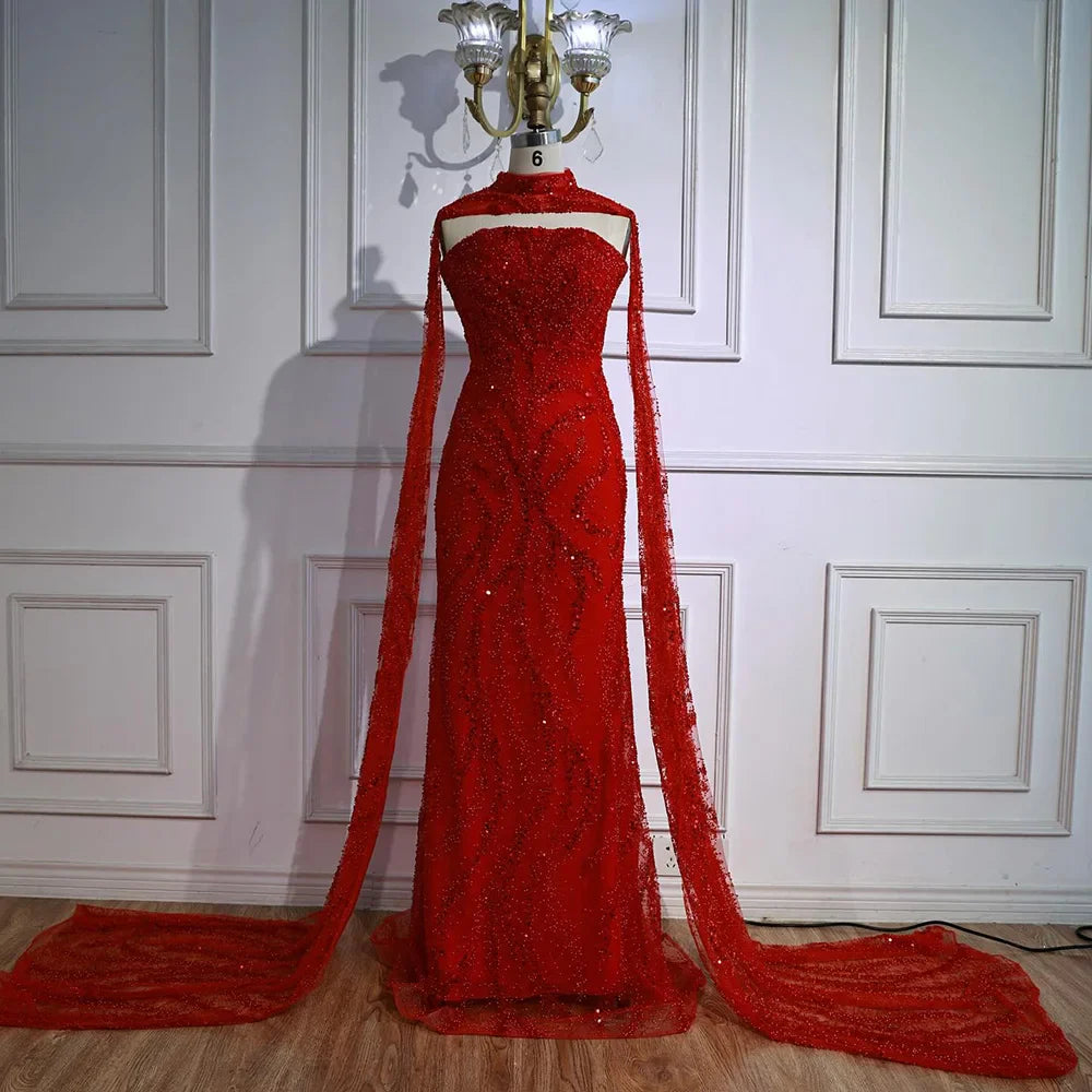 Luxury Nude Beaded Evening Dress with Cape Sleeves LA72824