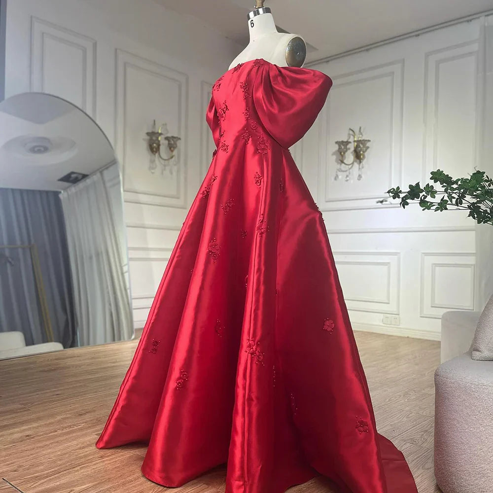 Luxury Dubai Saudi Arabia Elegant Off-Shoulder Wine Red A Line Evening Dress with Appliques Gown for Formal Occasion LA72778