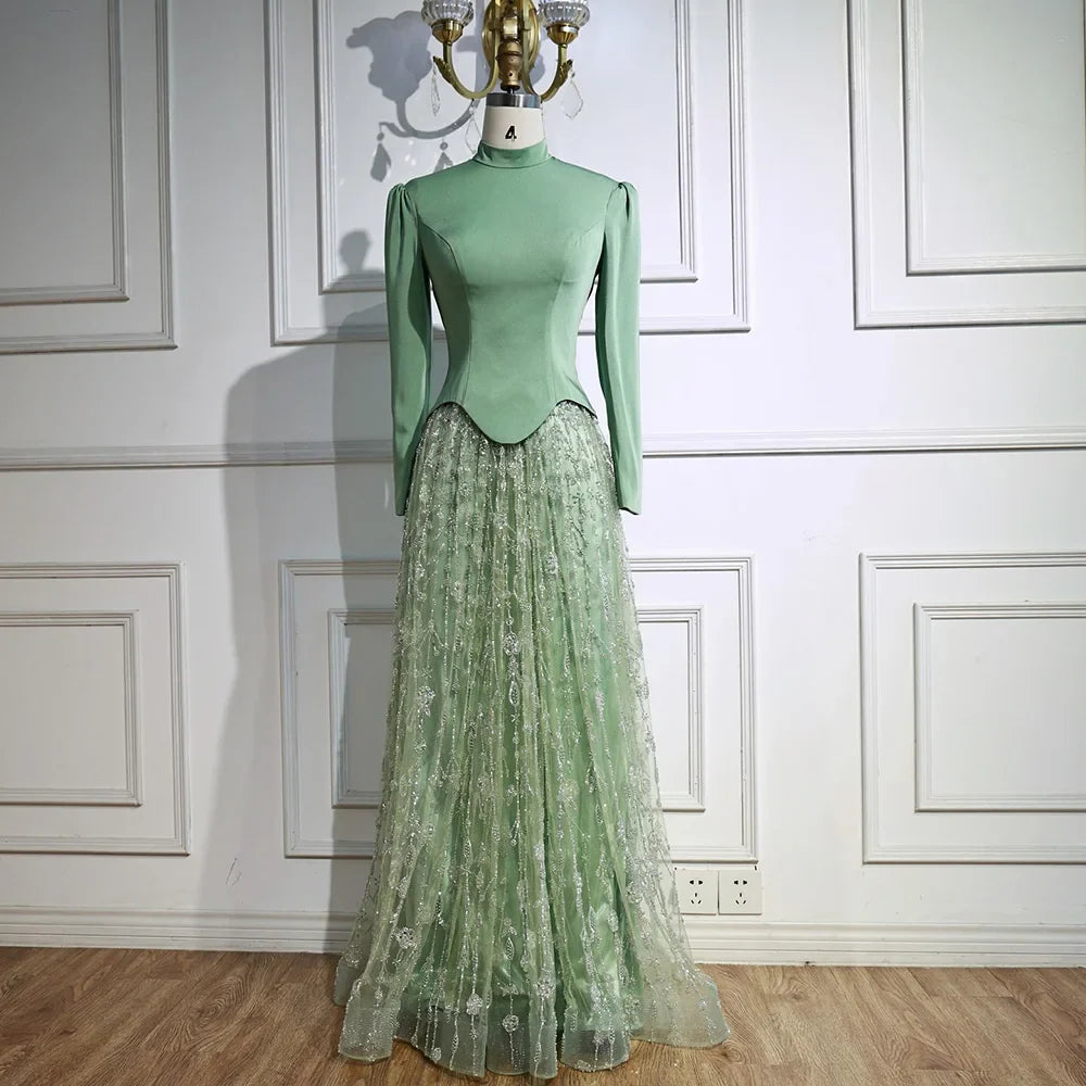 Luxury Sage Green Muslim Beaded Evening Dress LA72805A