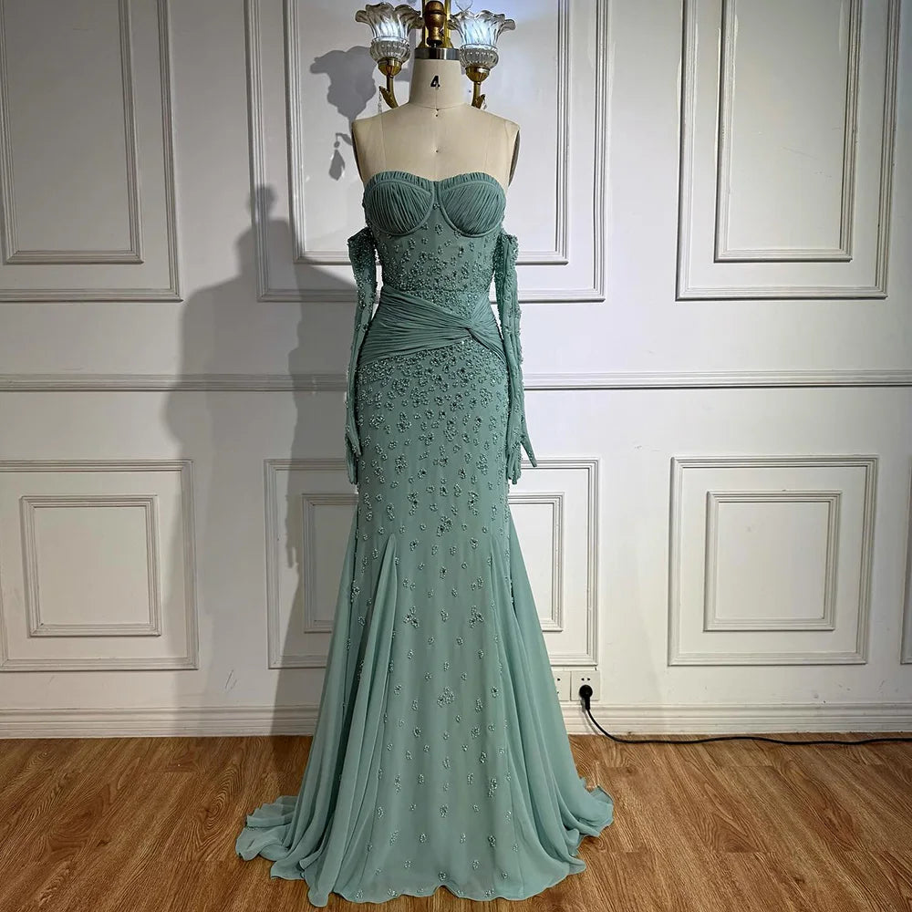 Luxury Turquoise Strapless Beaded Evening Dress with Gloves LA72933