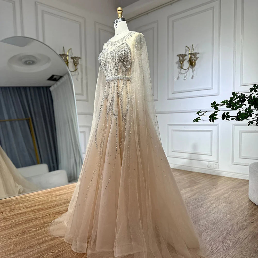 Luxury Dubai Nude Blue Elegant A-Line Beaded Long Arabic Evening Dresses Gowns with Cape Sleeves for Formal Occasion LA72785