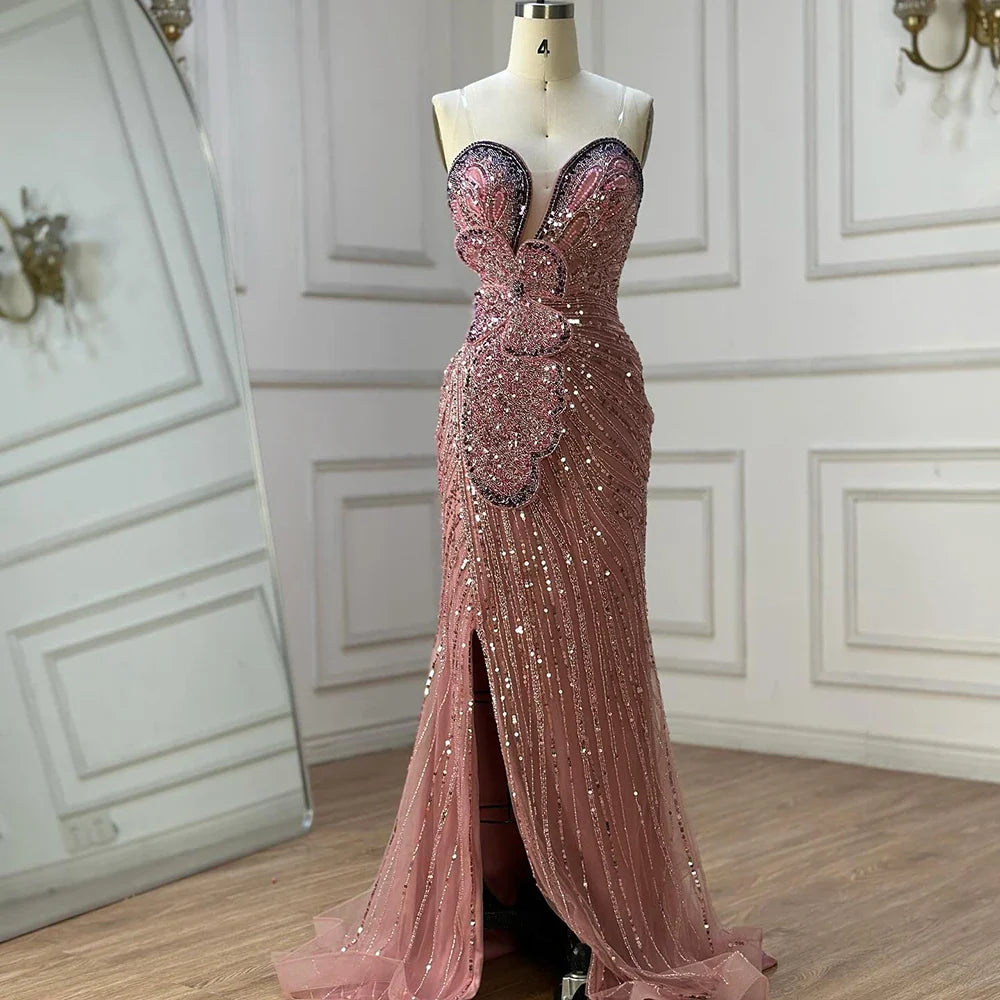 Luxury Dubai Saudi Arabic Pink Mermaid Evening Dress with High Split for Formal Occasion LA72480