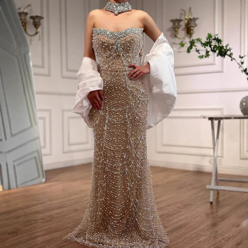 Luxury White Nude Beaded Mermaid Evening Dress LA72802