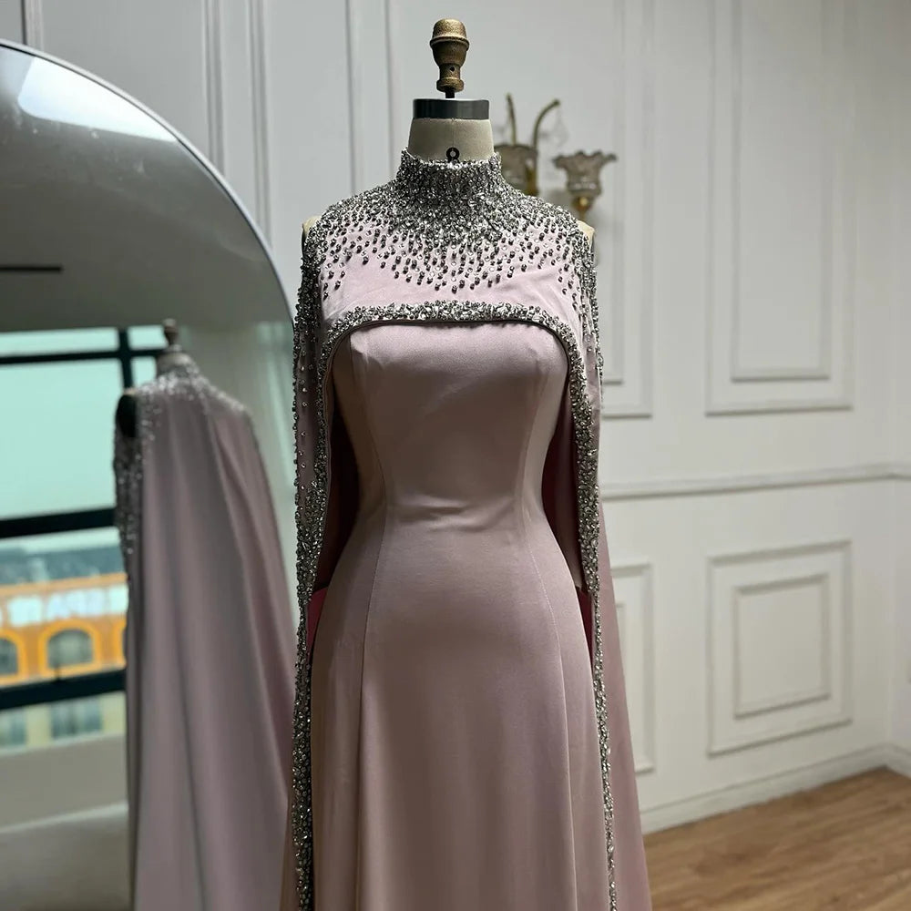Elegant High Neck Evening Dress with Crystals and Long Cape LA73068