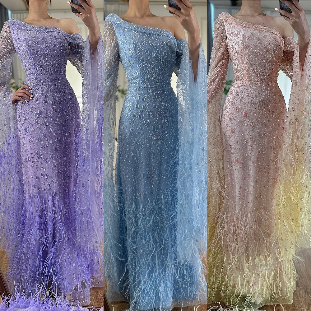 Luxury Feather One Shoulder Evening Dress with Cape Sleeves LA72763