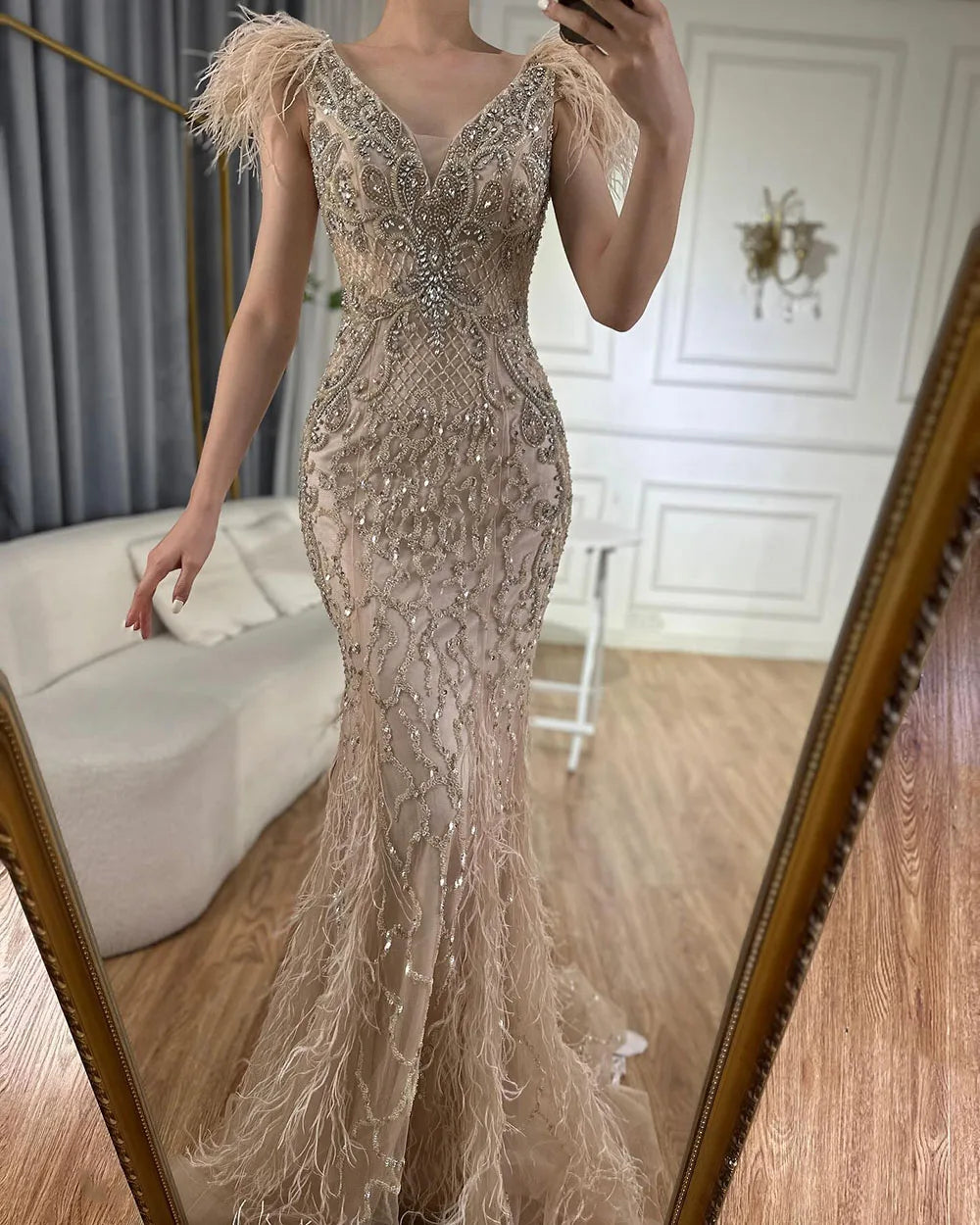 Serene Hill Champagne Mermaid Elegant Evening Dresses Diamond Feathers Sleeveless Formal Luxury Beaded LA70350