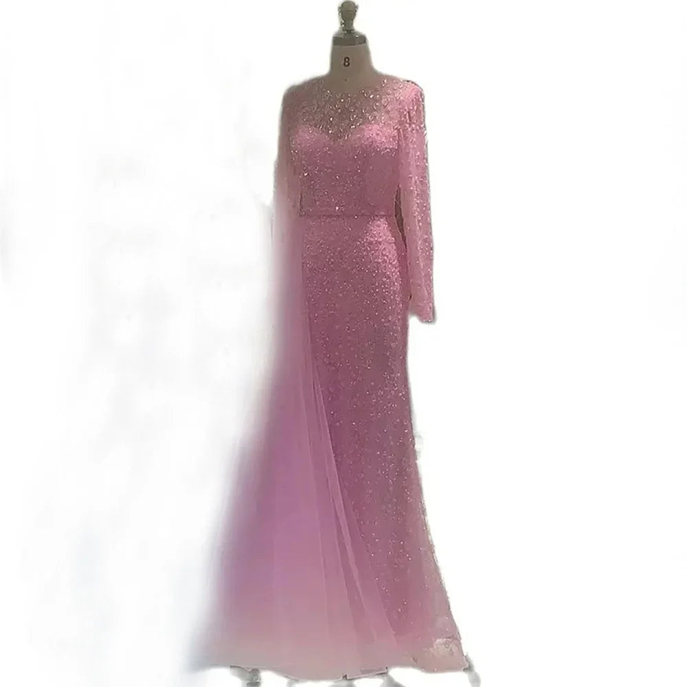 Luxury Dubai Elegant Blue Saudi Arabic Evening Gown with Beaded Side Overskirt Dress for Formal Occasion LA72734