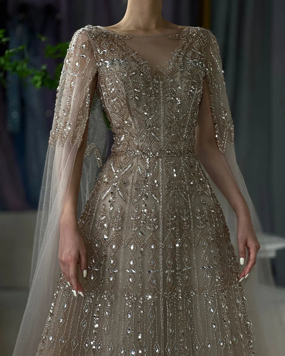 Serene Hill Muslim A-Line Blue Beaded Luxury Evening Gowns with Cape Sleeves for Women's Party Dubai LA72666