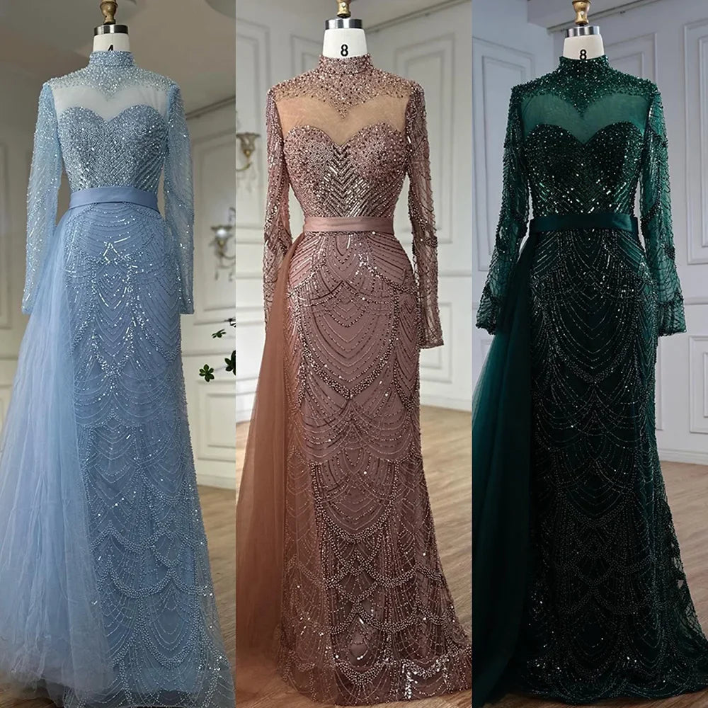 Luxury Brown Beaded Mermaid Evening Dress with Side Overskirt LA71913A