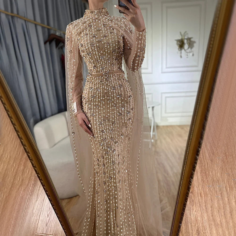 Luxury Modest Nude Pearls Beaded Evening Dress With Long Sleeves Cape LA72372