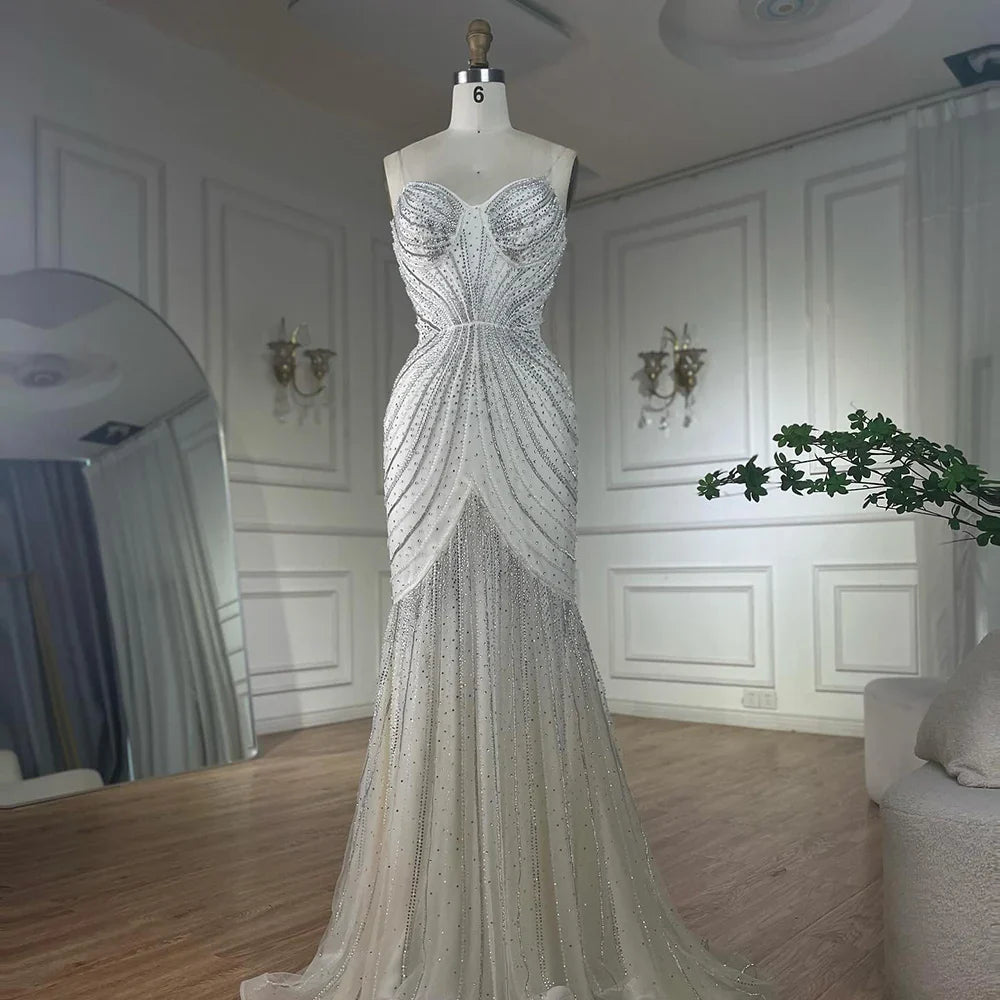 Luxury Dubai Arabic Blue Spaghetti Straps Beaded Evening Gown with Detachable Cape Dress for Formal Occasion LA72784