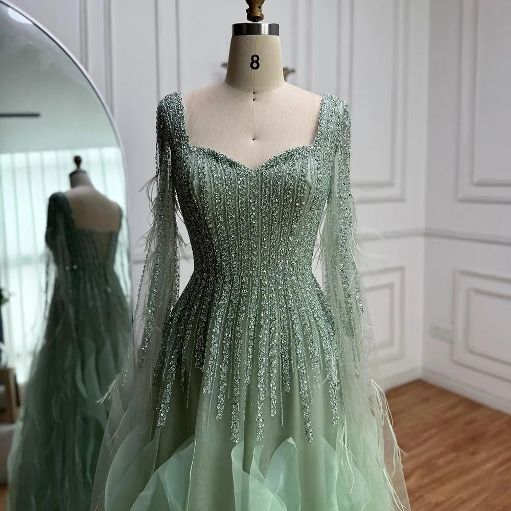 Luxury Sage Green A lina Evening Dress With Cape LA72984