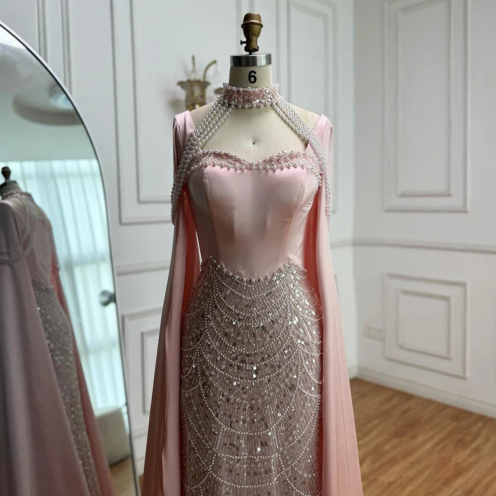 Luxury Arabic Pearls Pink Evening Dress with Cape LA73051